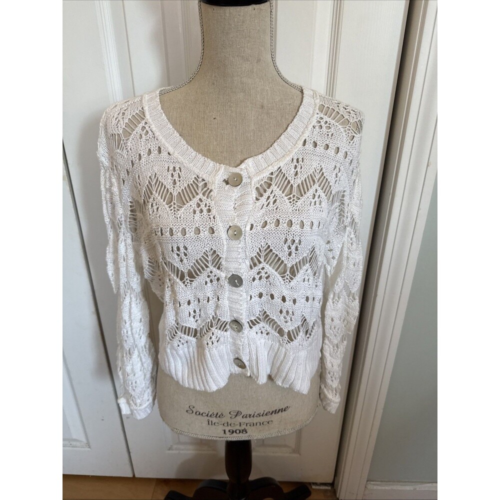 COMFY CROP relais sweater Made In USA White Open Weave Cardigan Sweater Size M